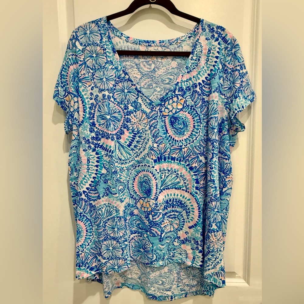 Lilly Pulitzer Blue and Pink V Neck Shirt NEW